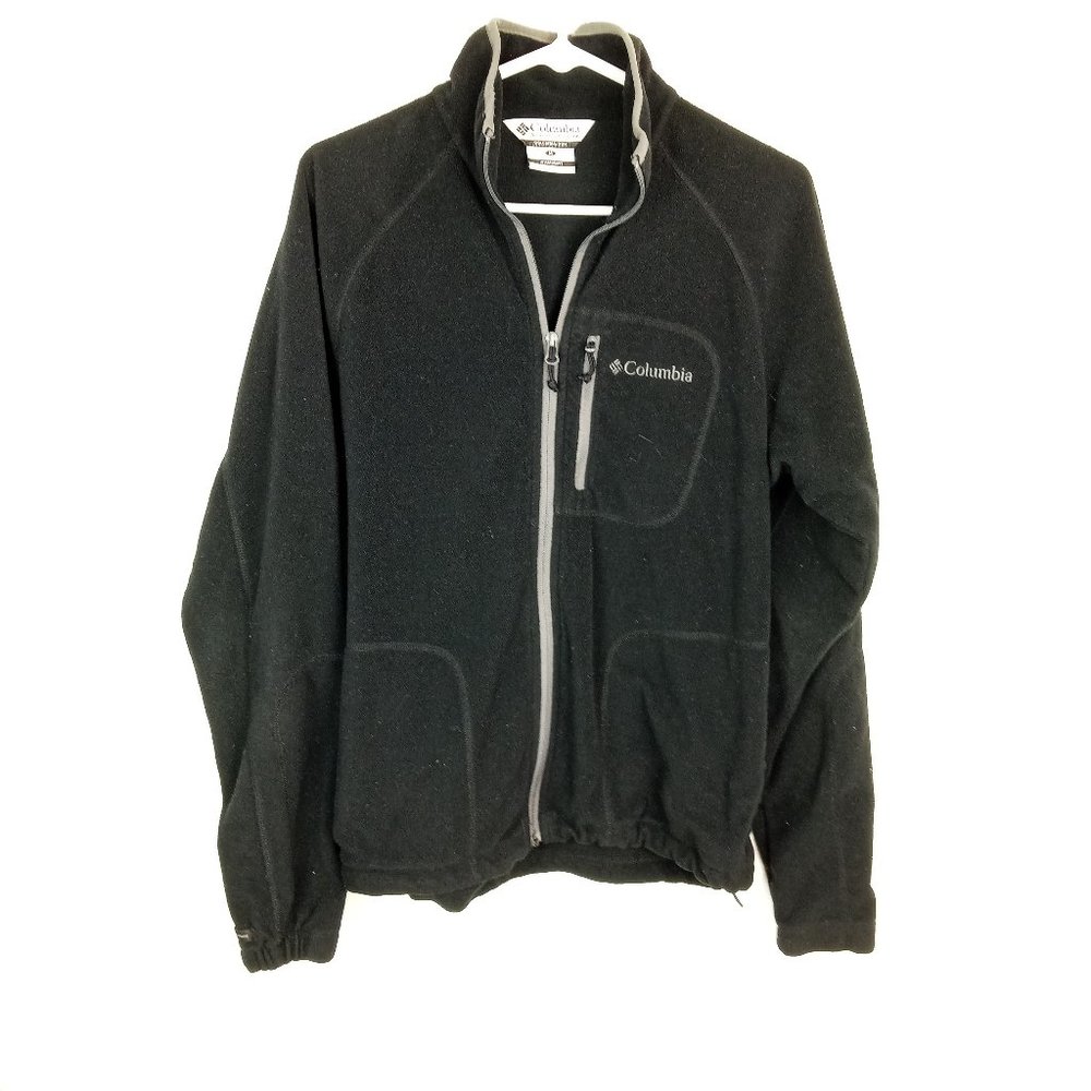 Columbia Men's Size Medium Full Zipper Fleece Jacket Black Gray Pockets Logo